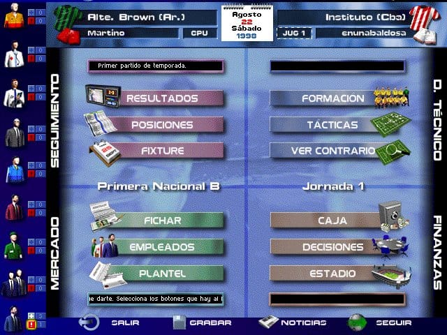 The quadrant-style menu in PC Fútbol Apertura 98